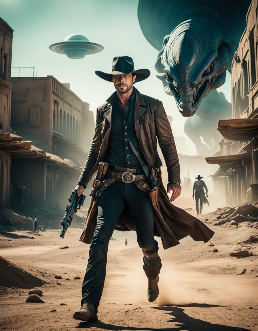 Futuristic Cowboy Gunslinger in Alien City