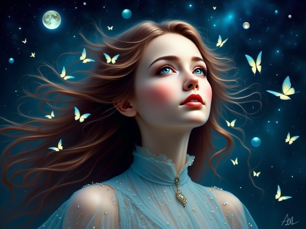 Dreamlike Celestial Goddess with Whimsical Butterflies