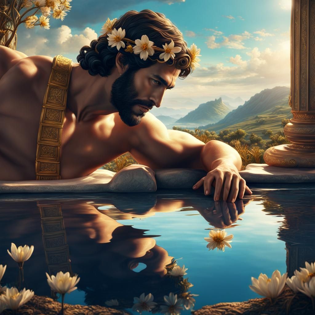 Narcissus falling in love with his own reflection.