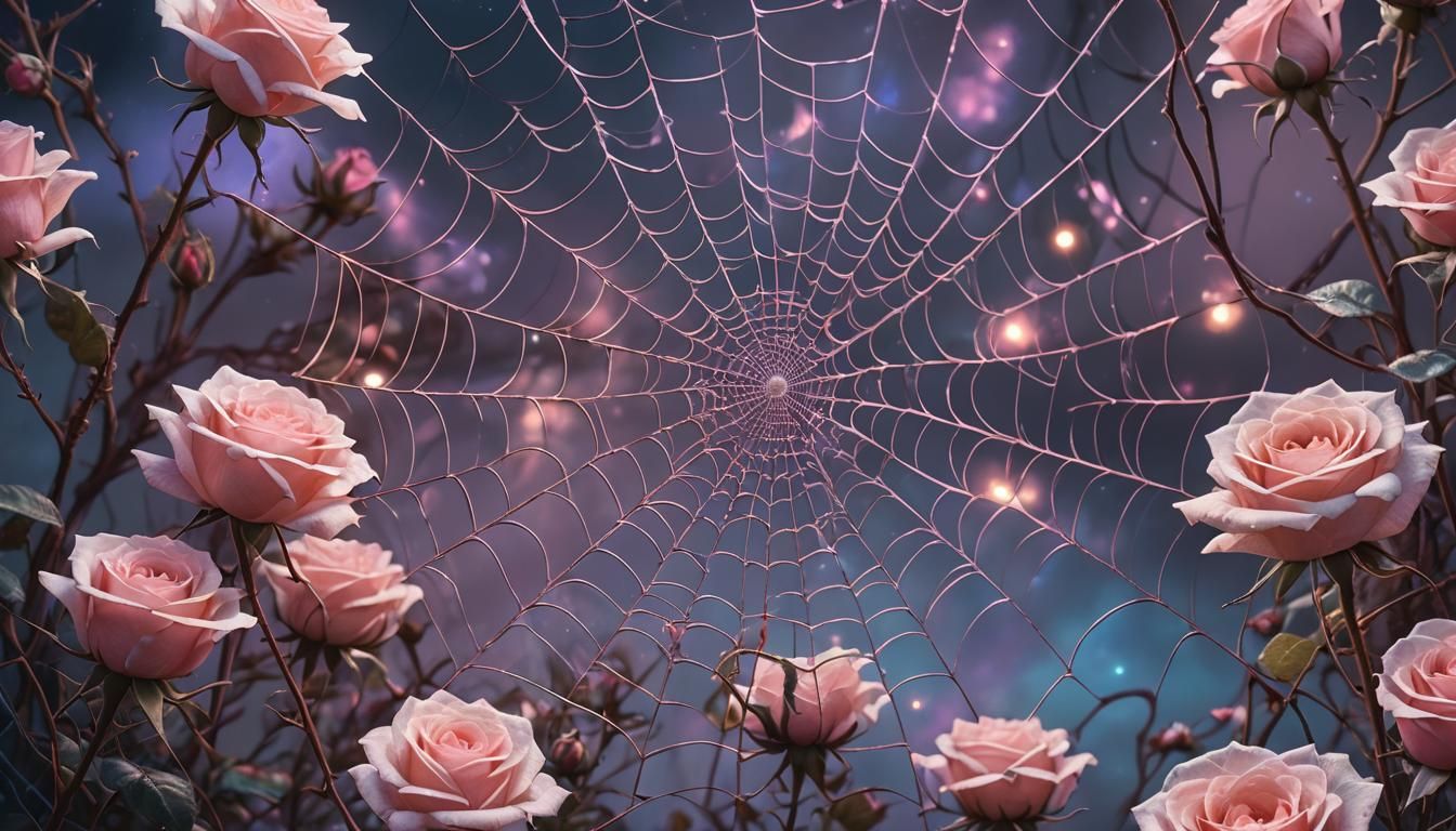 Cosmic Spiderweb with Roses in Visionary Art Style