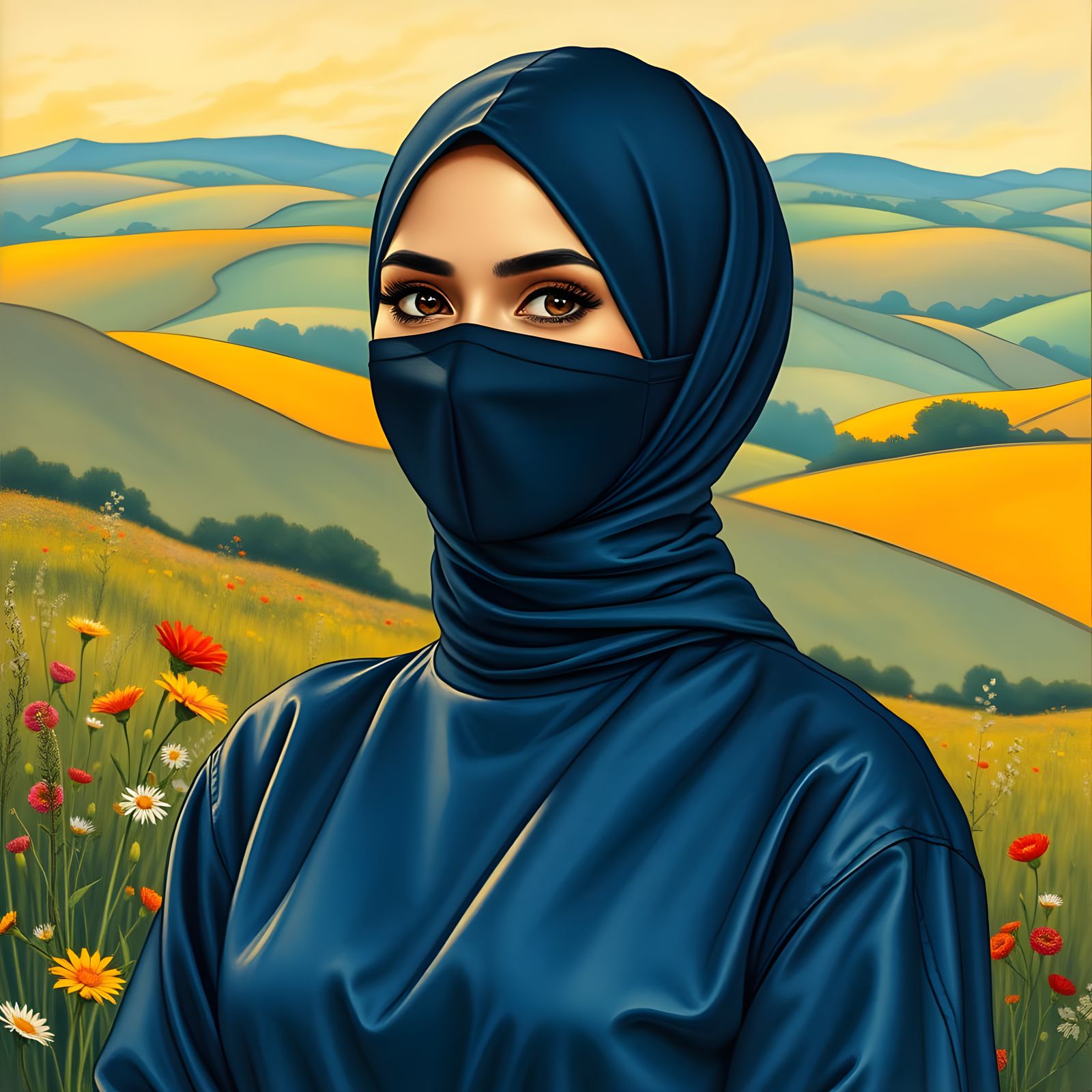 Beautiful Hijabi Woman Portrait in Art Nouveau Style