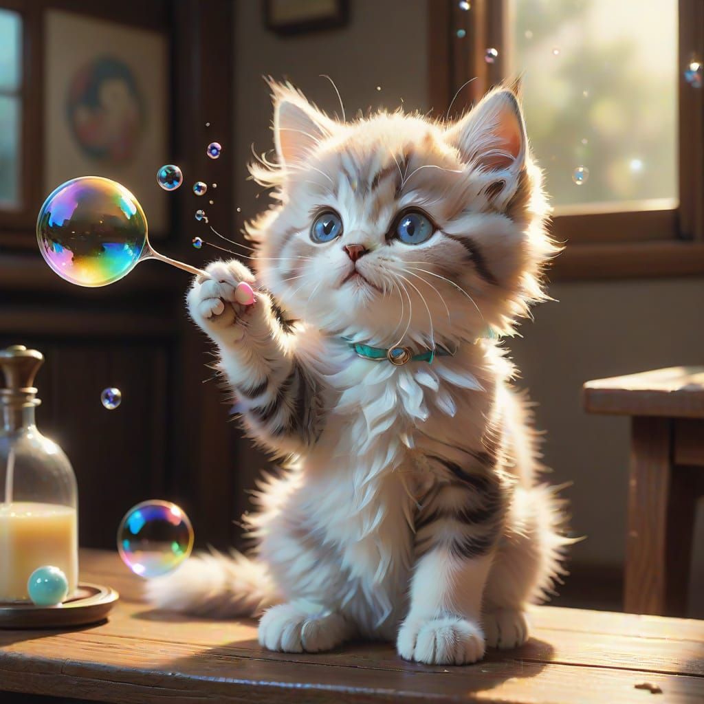 Fluffy Kitten Blowing Bubbles: Magical Realism Loish Style