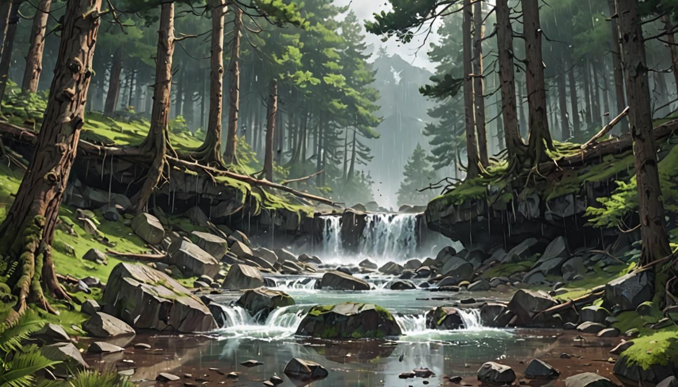 Rainstorm in Primeval Forest: 3D Anime Art