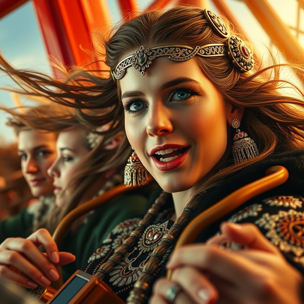 Viking Family on Rollercoaster in Art Nouveau Style