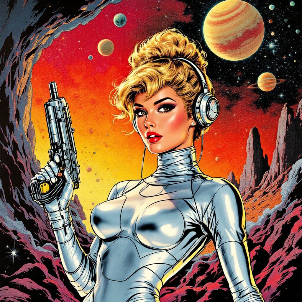 Retro Sci-Fi Spacesuit Heroine on Alien Planet