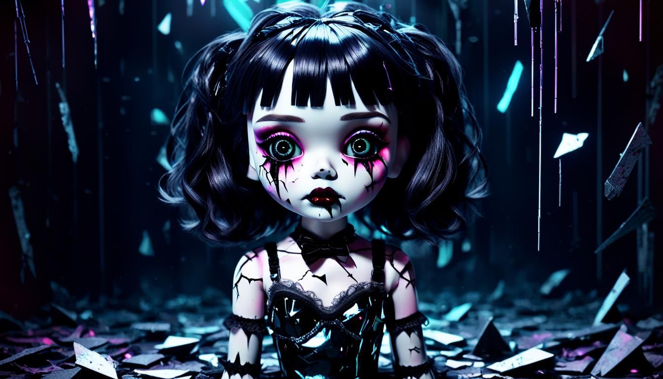 Cracked Porcelain Doll in Gothic Horrorcore Style