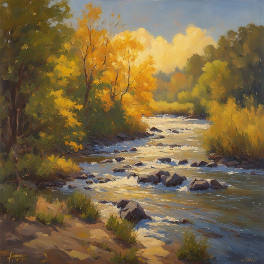 Impressionist River Landscape with Golden Light