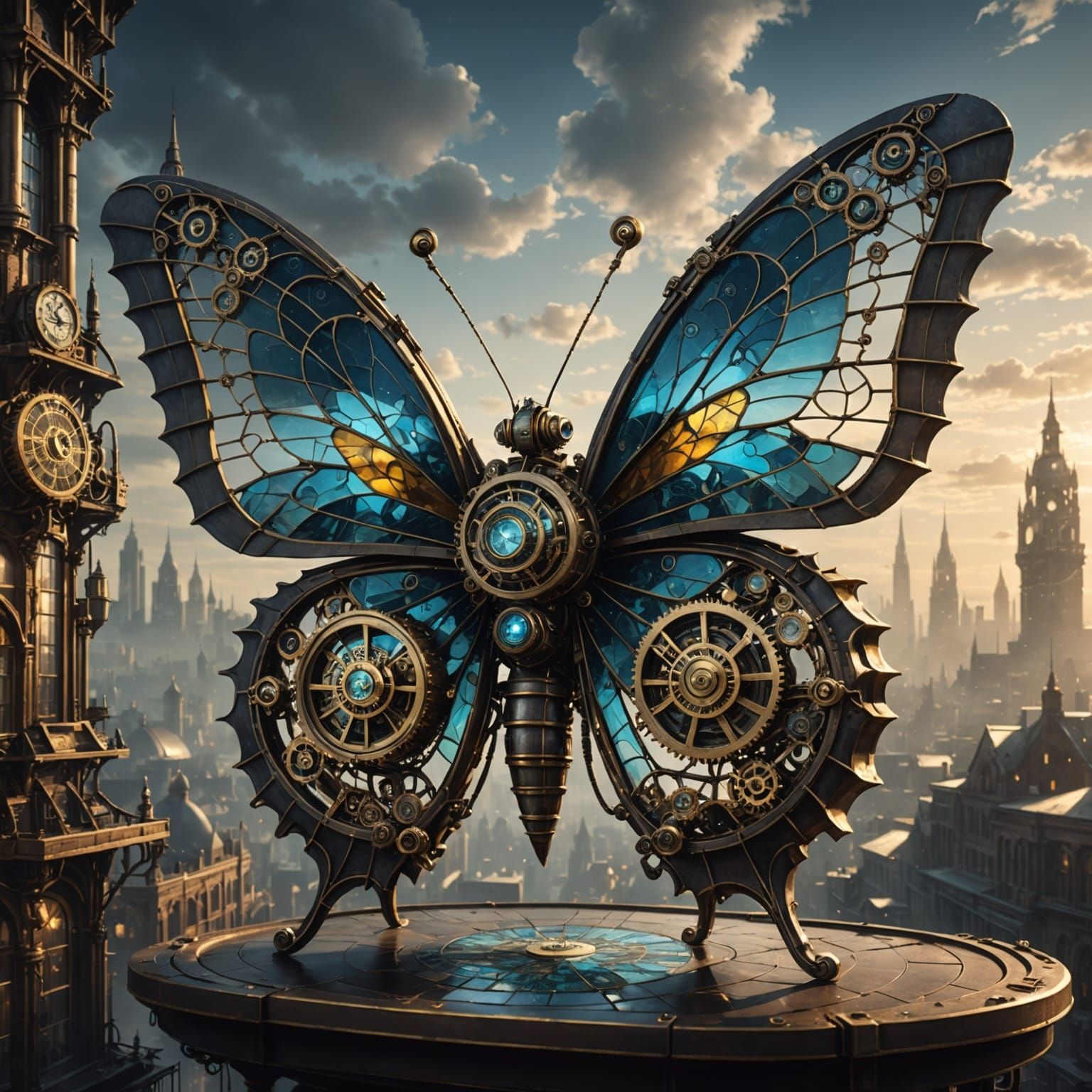 Clockwork Butterfly in Steampunk Cityscape