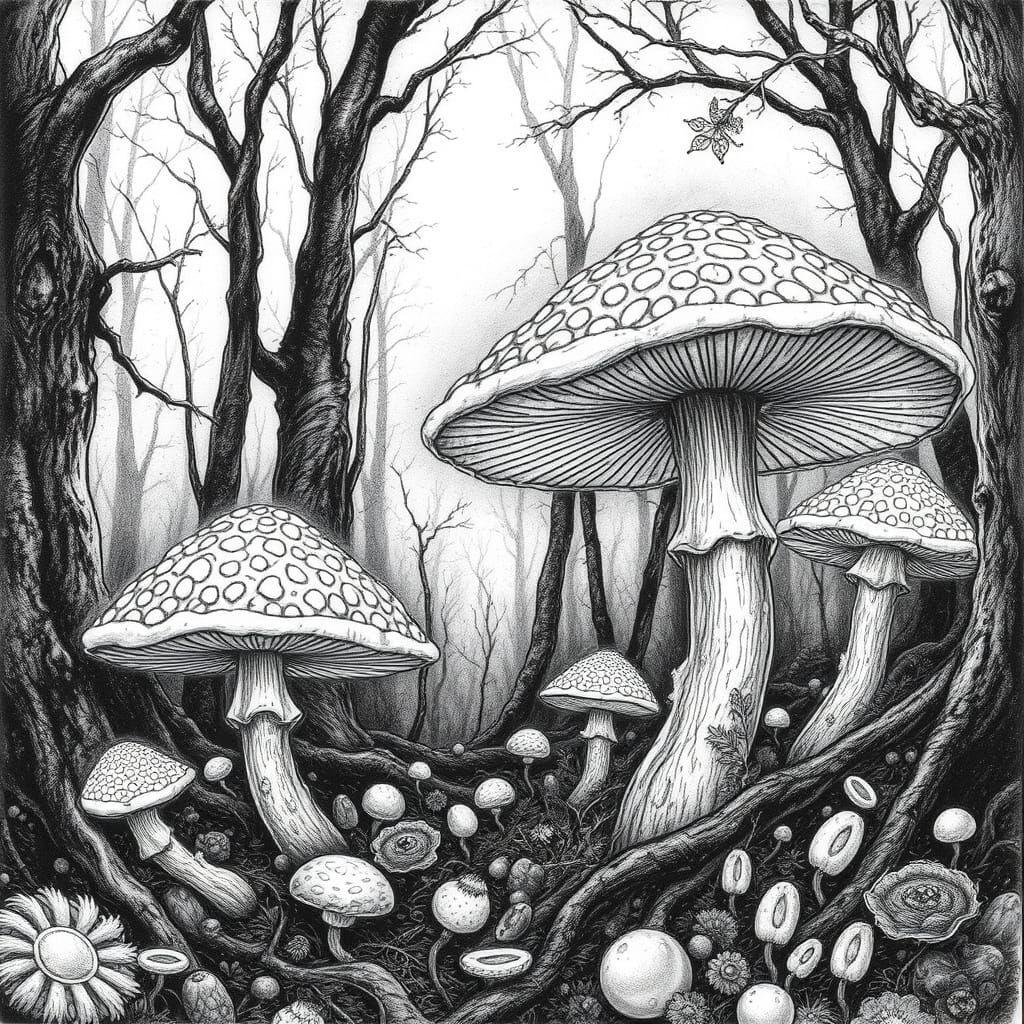 Trippy Cosmic Mushrooms in Charcoal Drawing Style