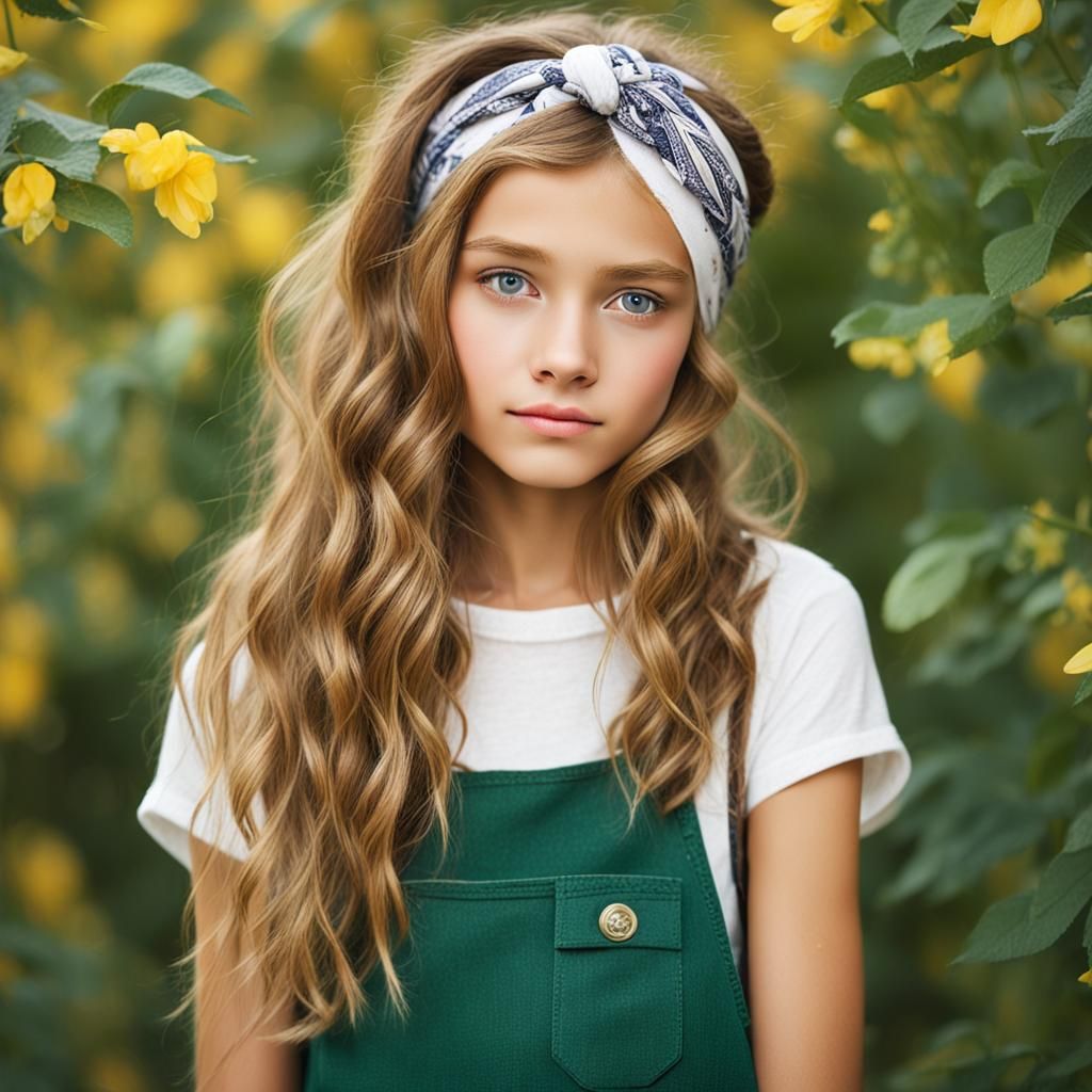 Young Girl with Bandana and Wavy Brown Hair