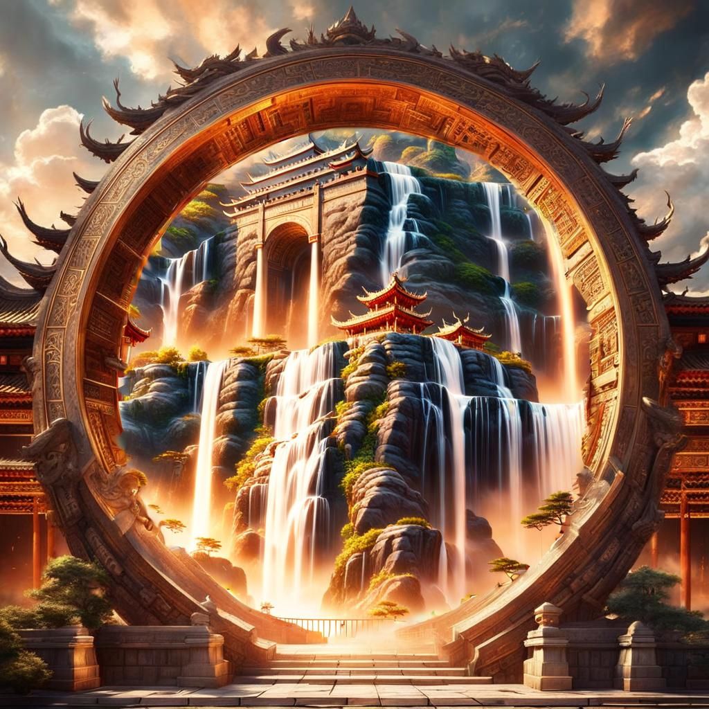 Waterfall and Chinese Stone Horses Digital Painting