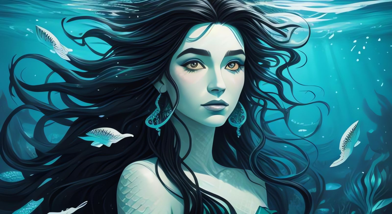 Cartoon Mermaid Portrait with Black Hair