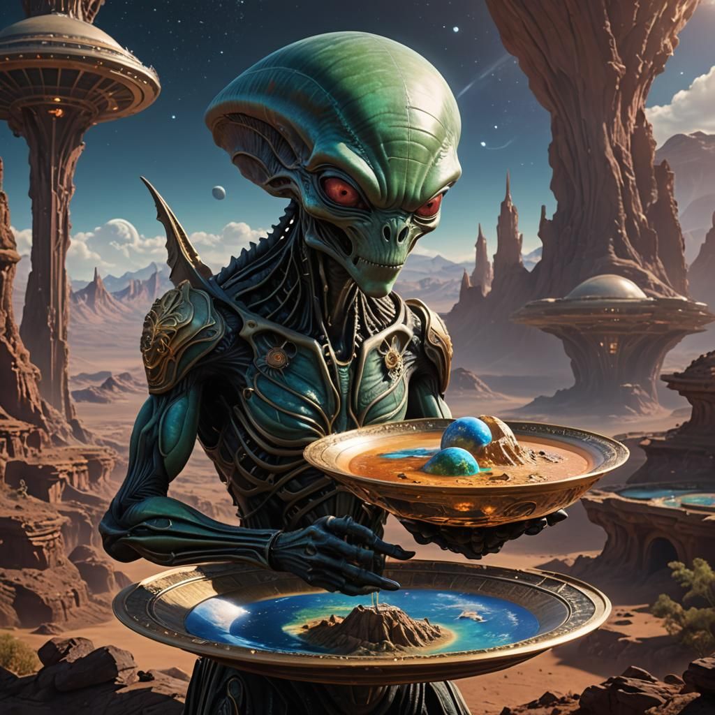 Alien Holds Flat Earth: Detailed Matte Painting