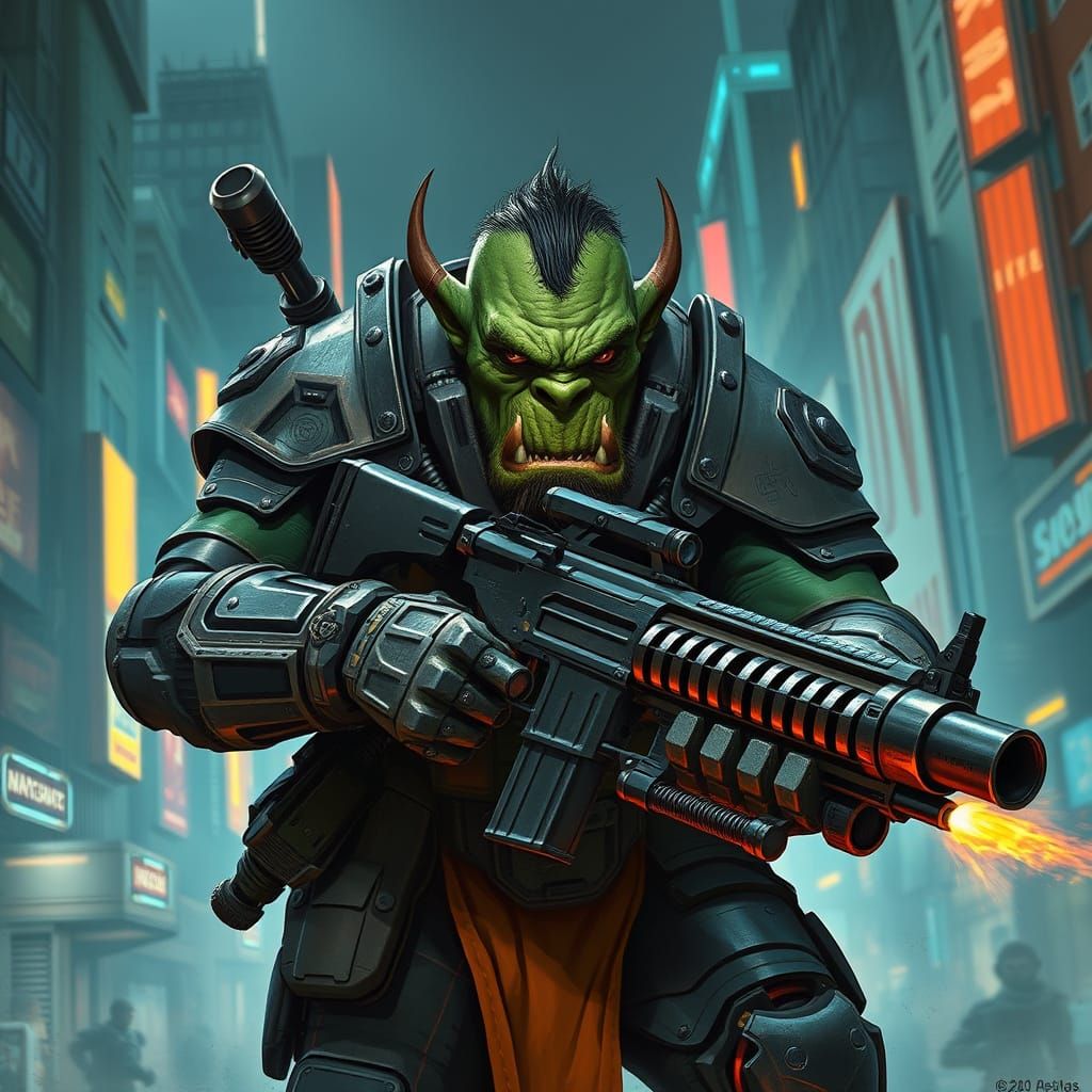 Cyberpunk Orc Warrior in Neon City