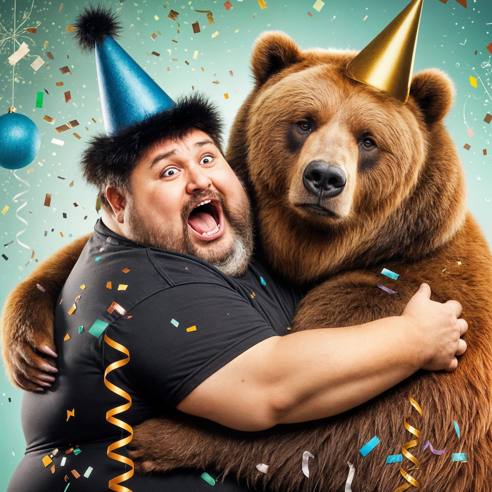 Joyful New Year's Duo Caught in a Comical Embrace