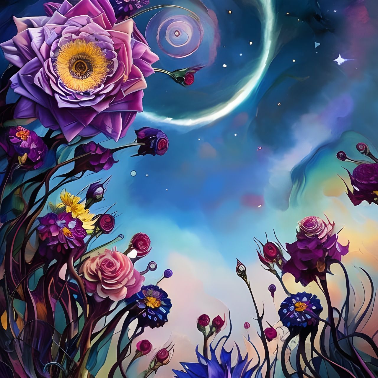 Surreal Flower World with Fireflies in Vivid Colors