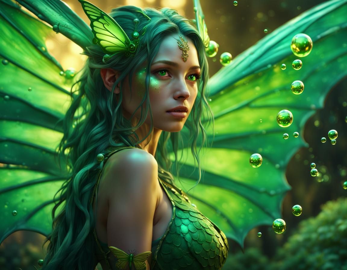 Green Dragon Girl with Butterfly Wings in Fantasy Art