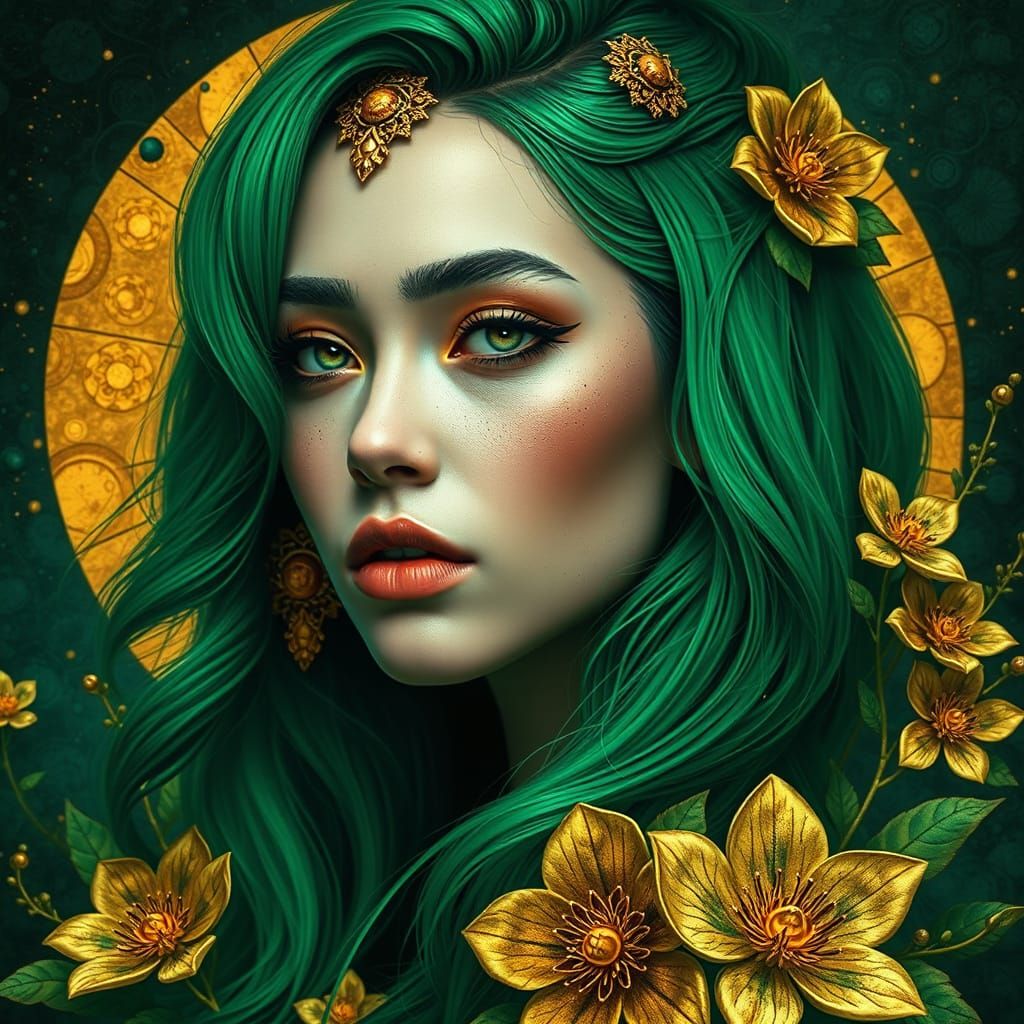 Green and Gold Woman with Escher Style Architecture