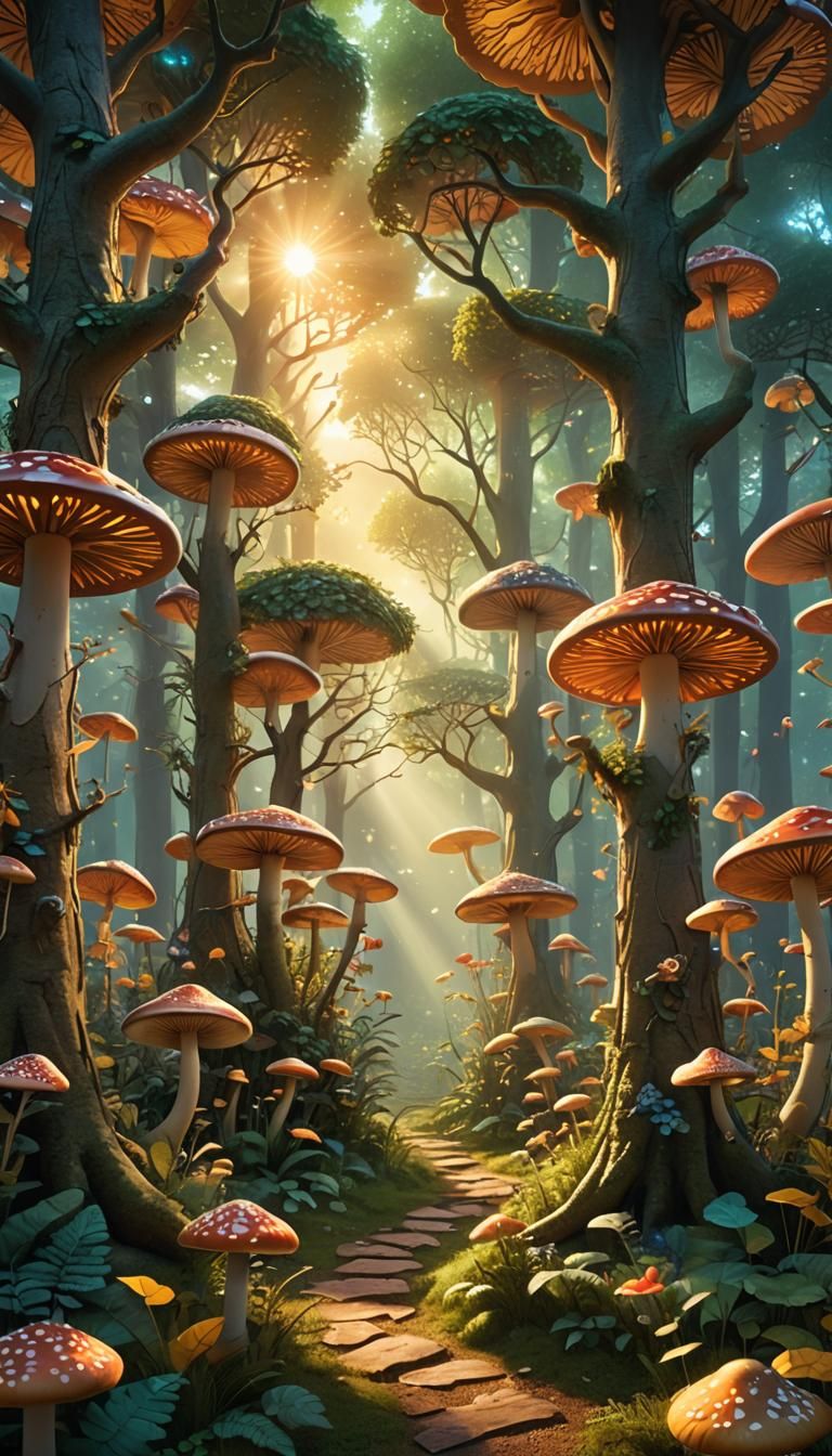Magical Summer Forest at Dawn in 3D Render
