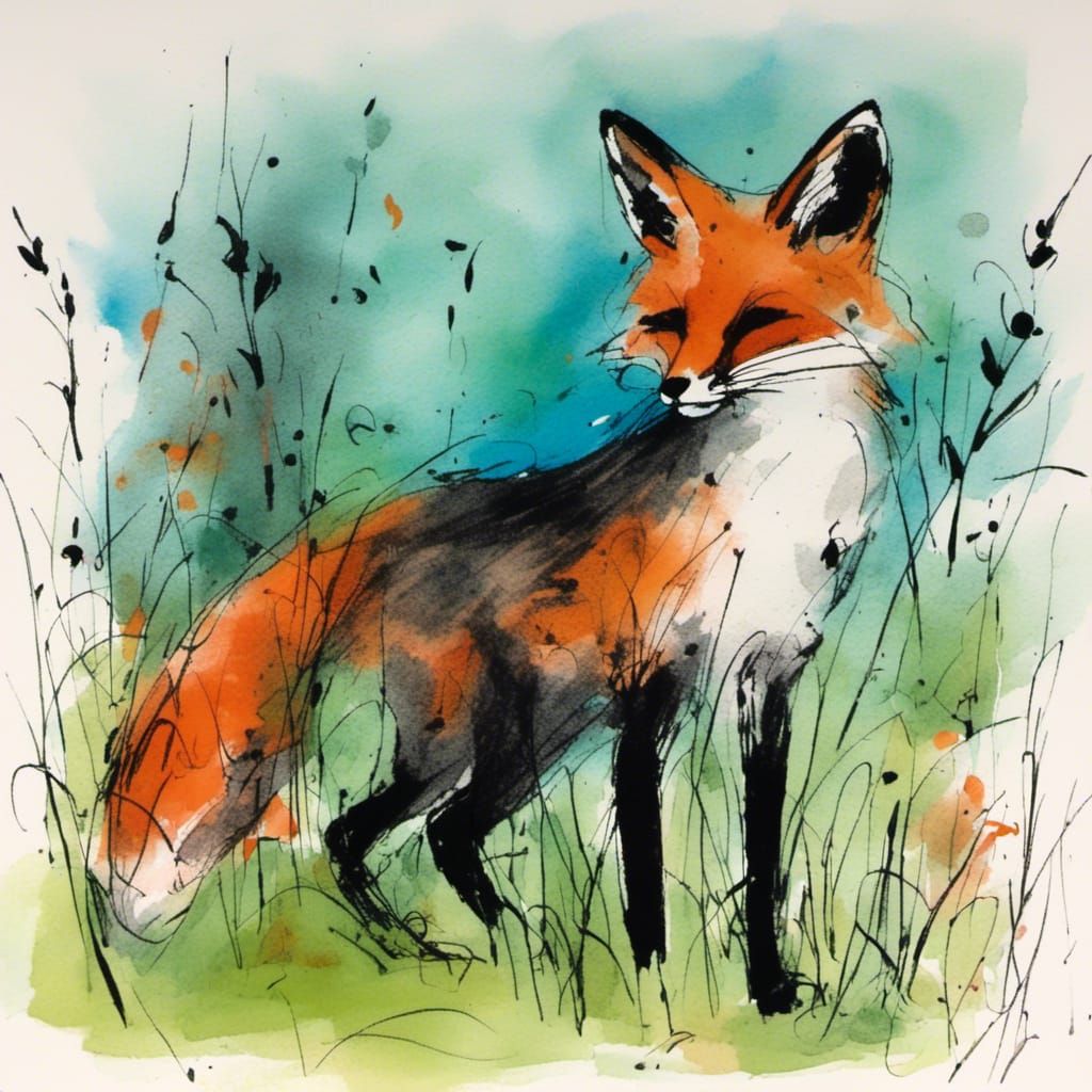 Charcoal and Gouache Fox in Garden Scene