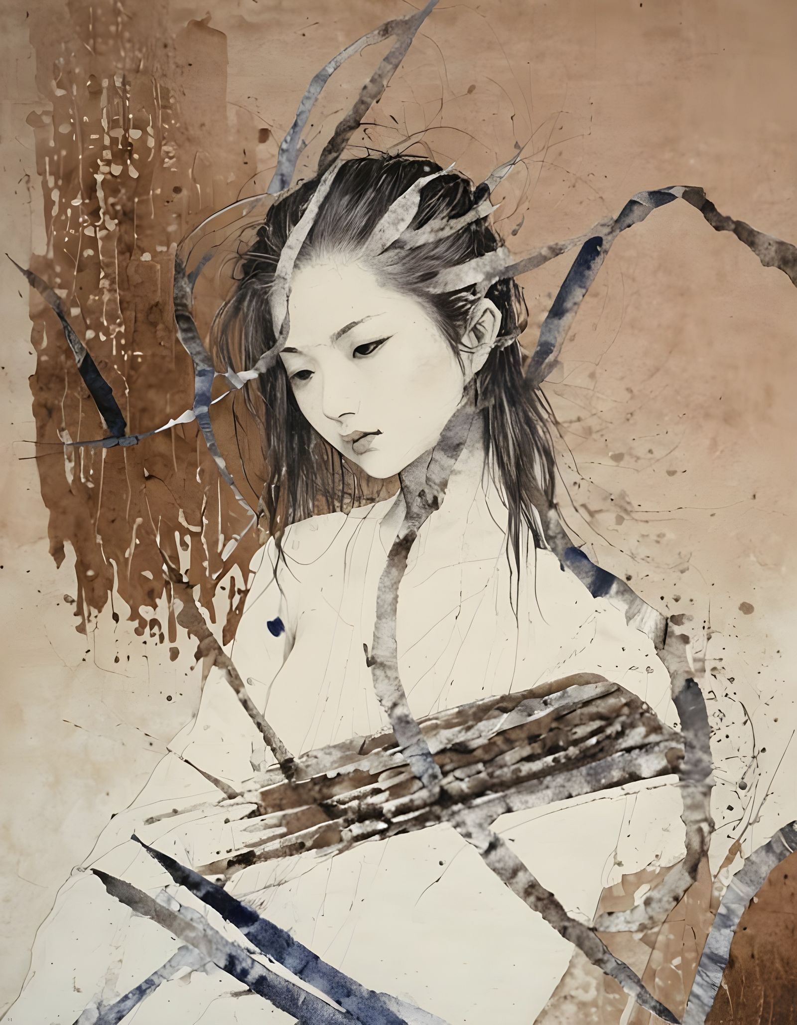 Blue Pen and Ink Abstract Pattern on Parchment