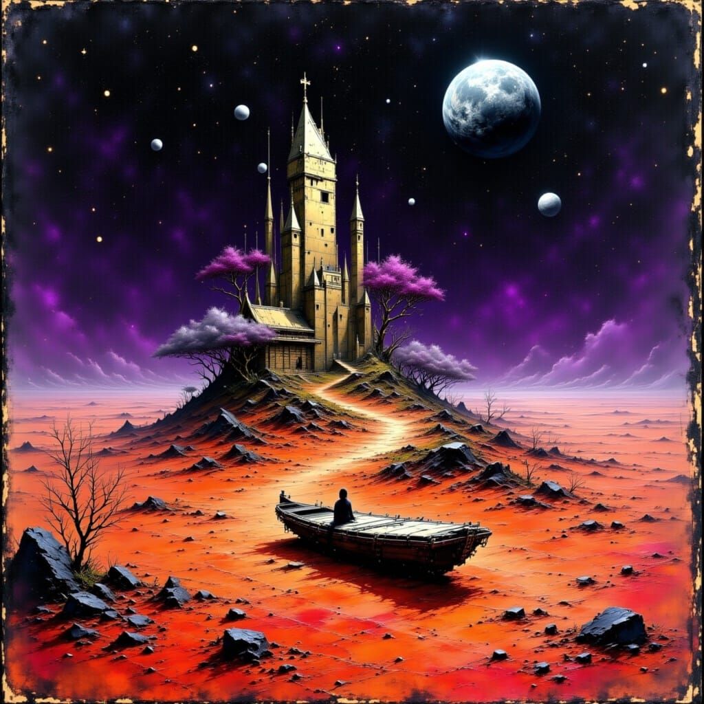 Deserted Spaceship Shopping Center Under Violet Alien Sky