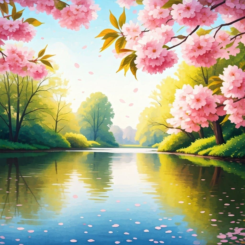 Elegant Watercolour Cherry Blossoms by a Lake