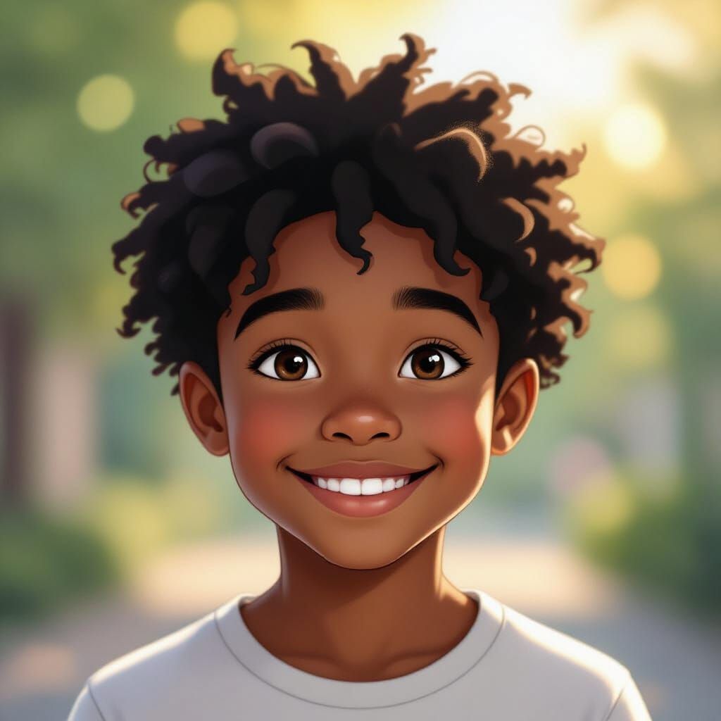Dreamy Portrait of a Smiling Black Boy, Digital Matte Painti...