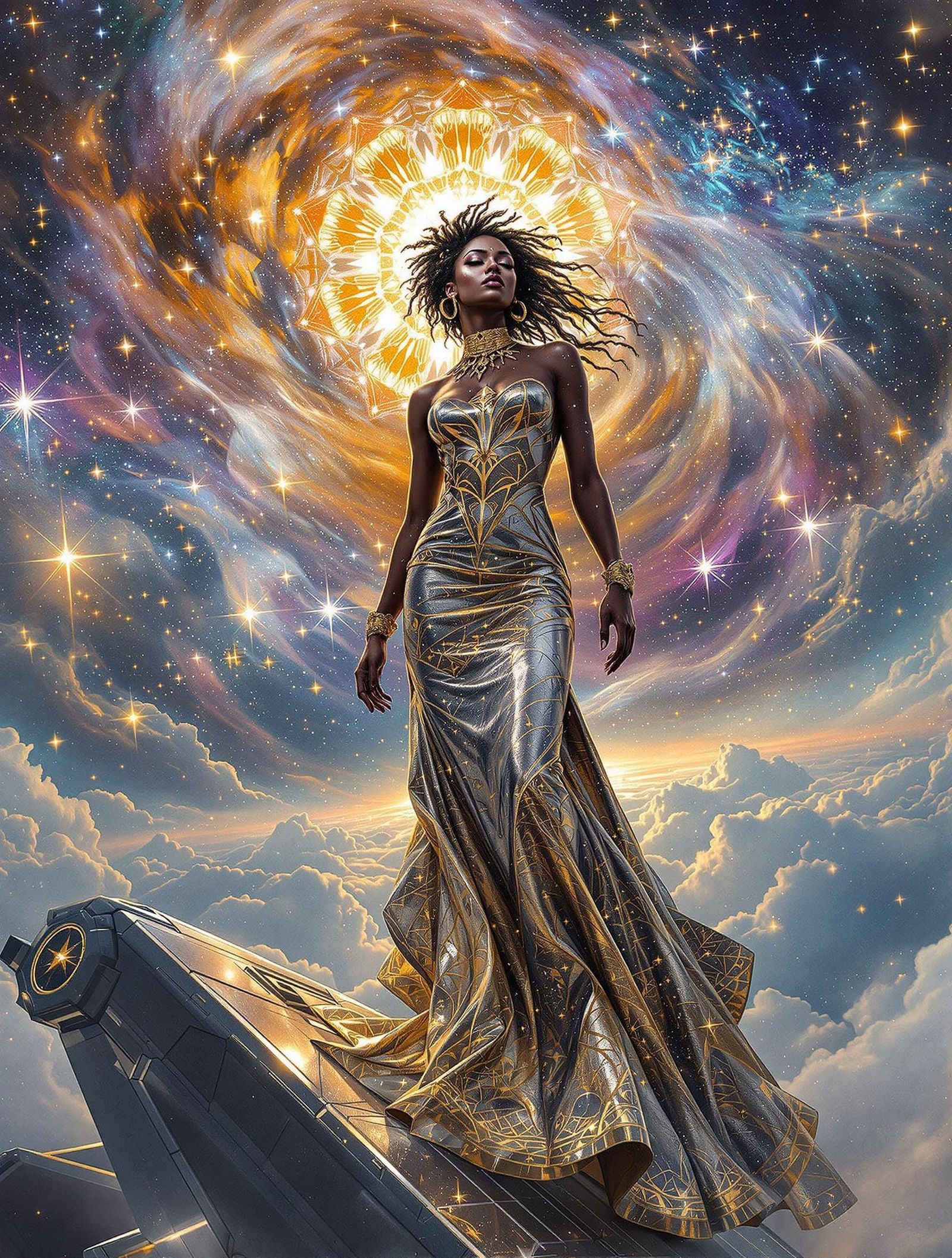 A Cosmic Goddess Embodied in Radiant Metallic Alchemy