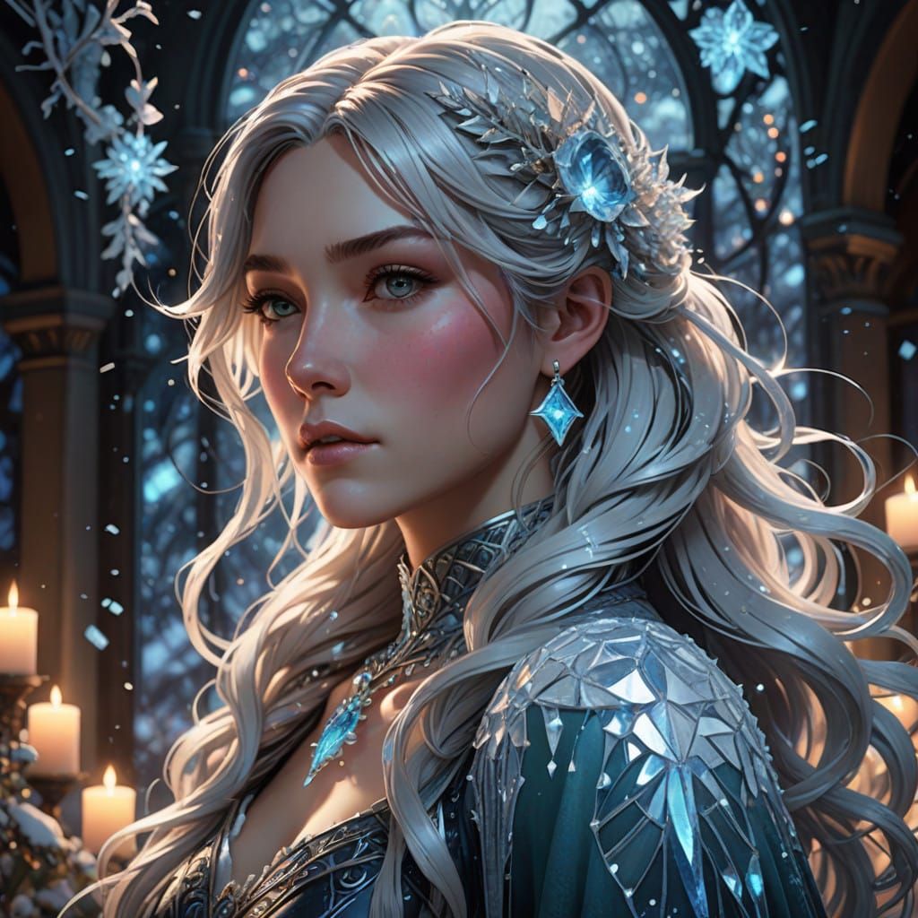 Girl with Icy Fractal Hair Wears Frosty Iceicle Necklace in...