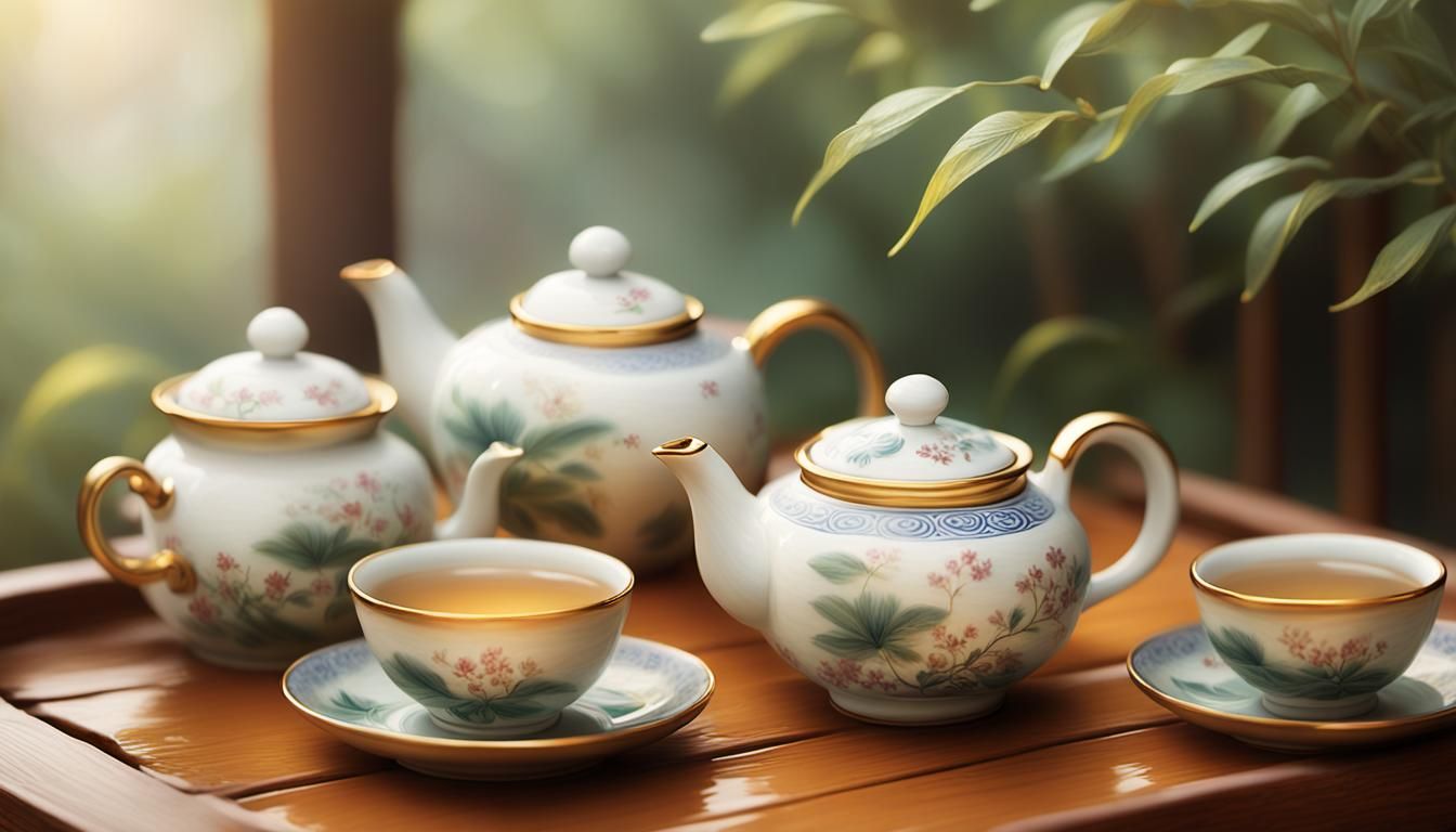 Ethereal Chinese Garden Tea Scene in Oil Painting