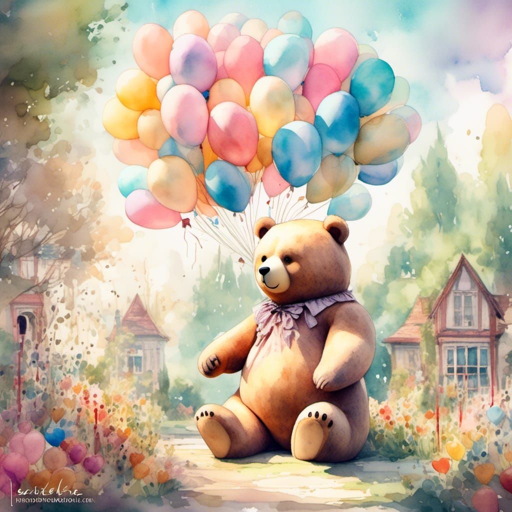 Teddy Bear in Garden of Watercolor Hearts