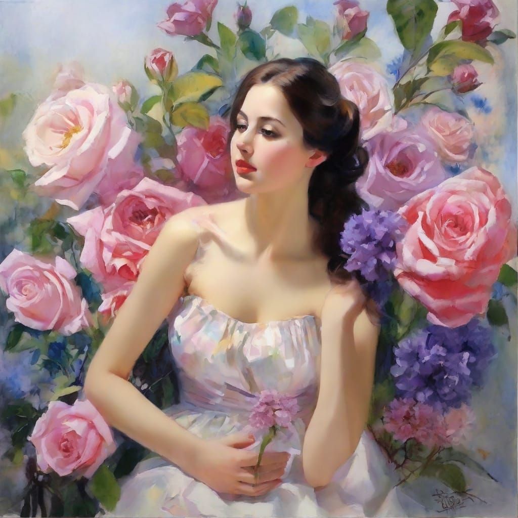 Dreamy Watercolor Scene with Delicate Flowers in Soft Golden...