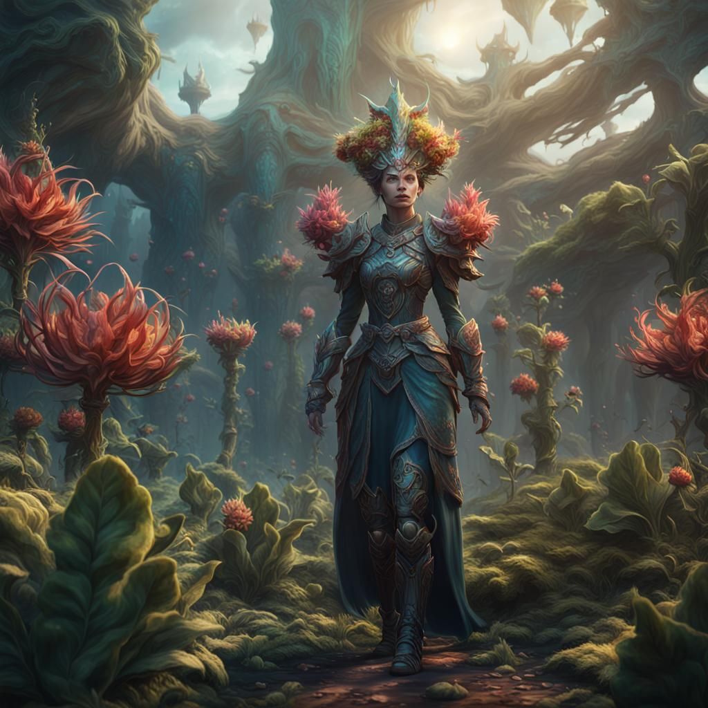 Fantasy Plant Woman Warrior in Detailed Matte Painting