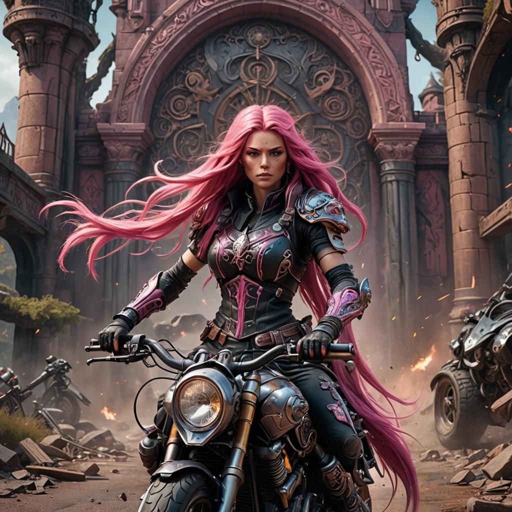 Biker Warrior Princess with Pink Hair, Digital Art