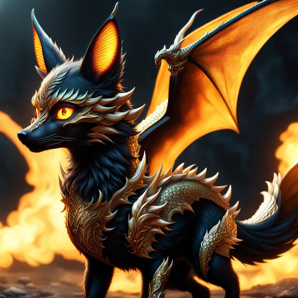 Black Dragon Fox Hybrid with Gold Eyes
