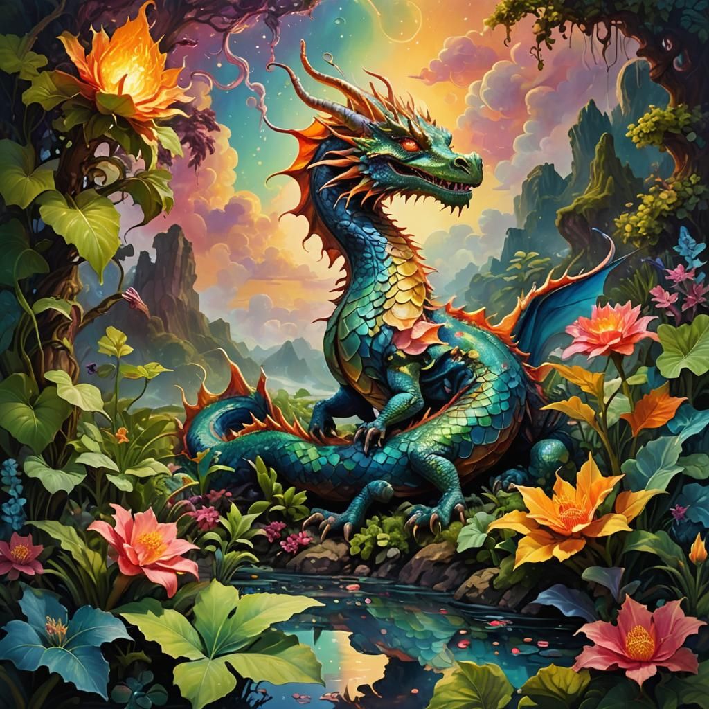 Dragon Tending Garden on Venus: Surreal Oil Painting