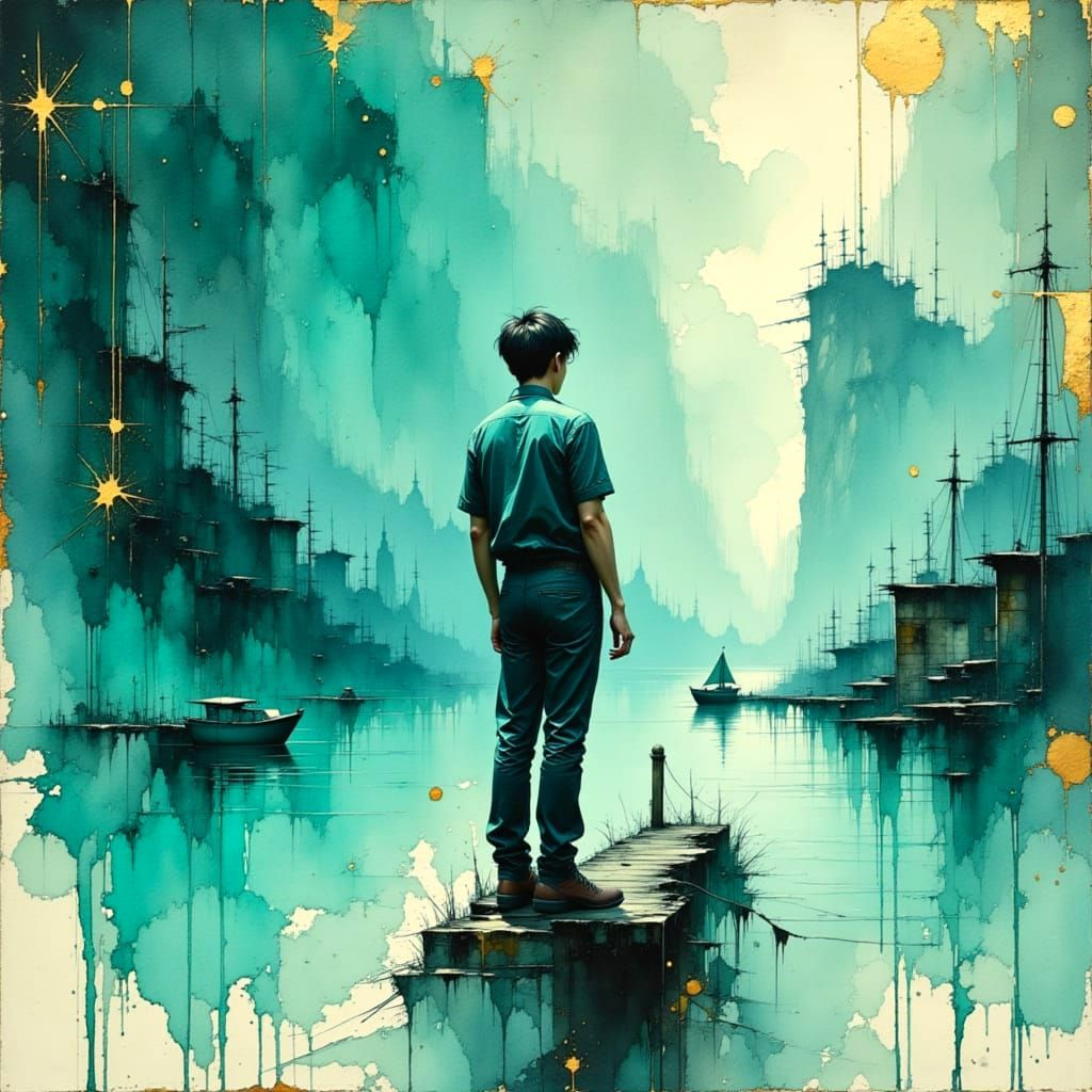 Watercolor Harbour Scene in Teal and Gold