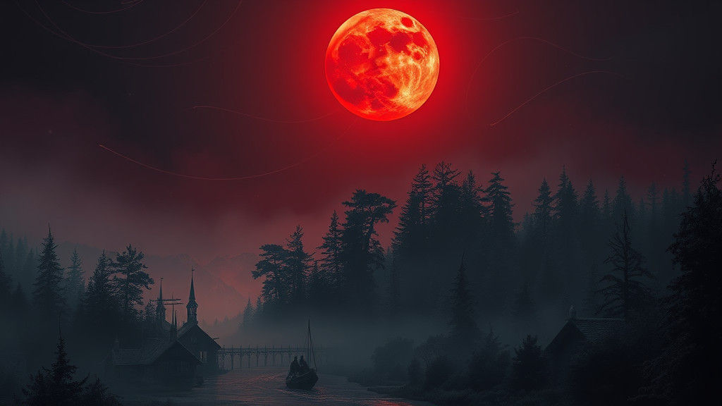 Crimson Moon Over Misty Forest, Retro Sci-Fi Style