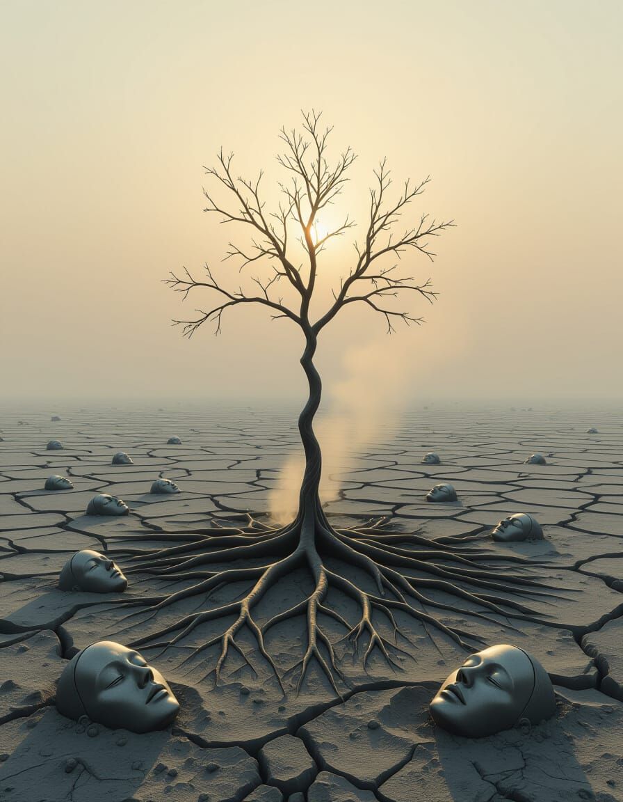 Surreal Ash Sea Dreamscape with Hidden Life