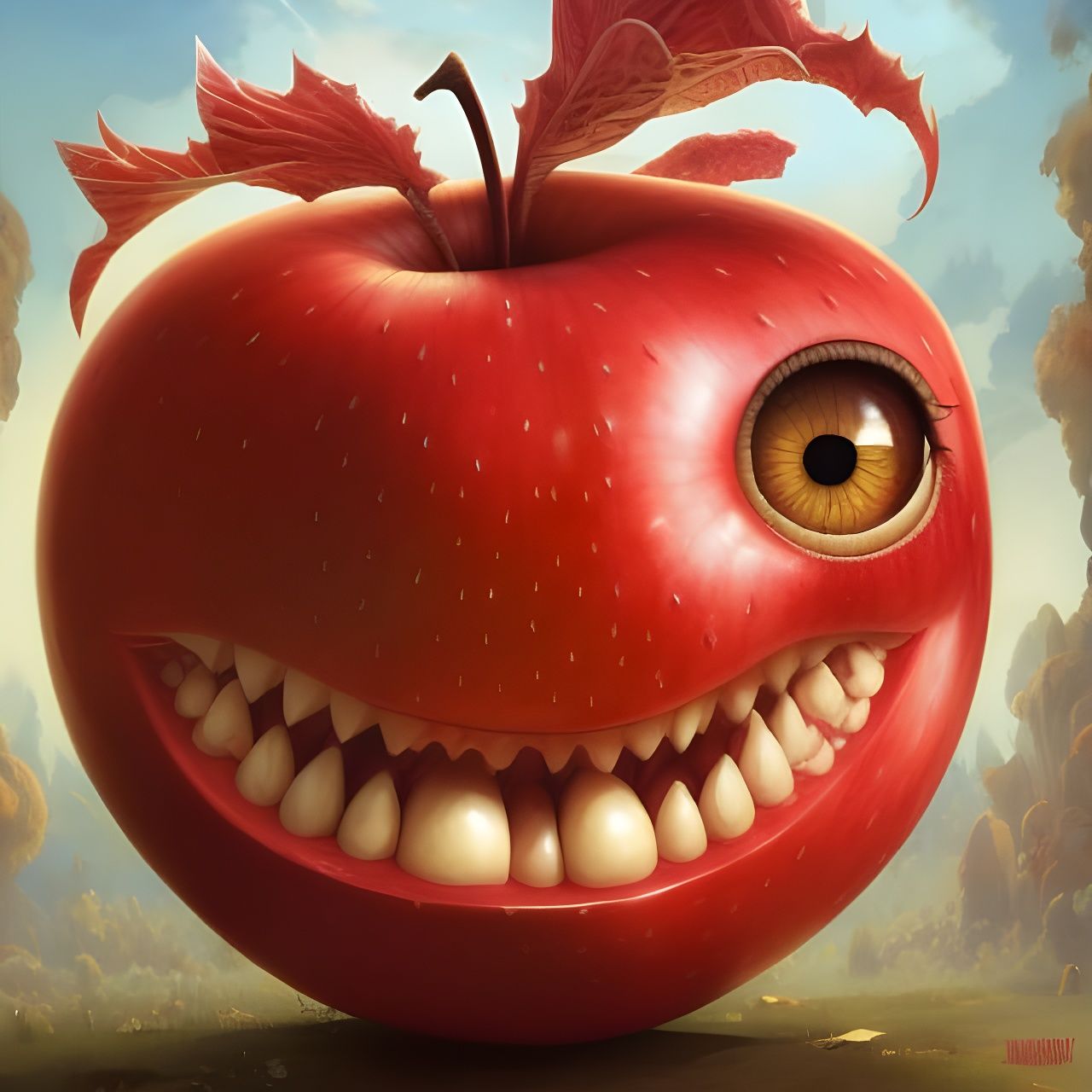 Monstrously Smiling Red Apple Digital Illustration