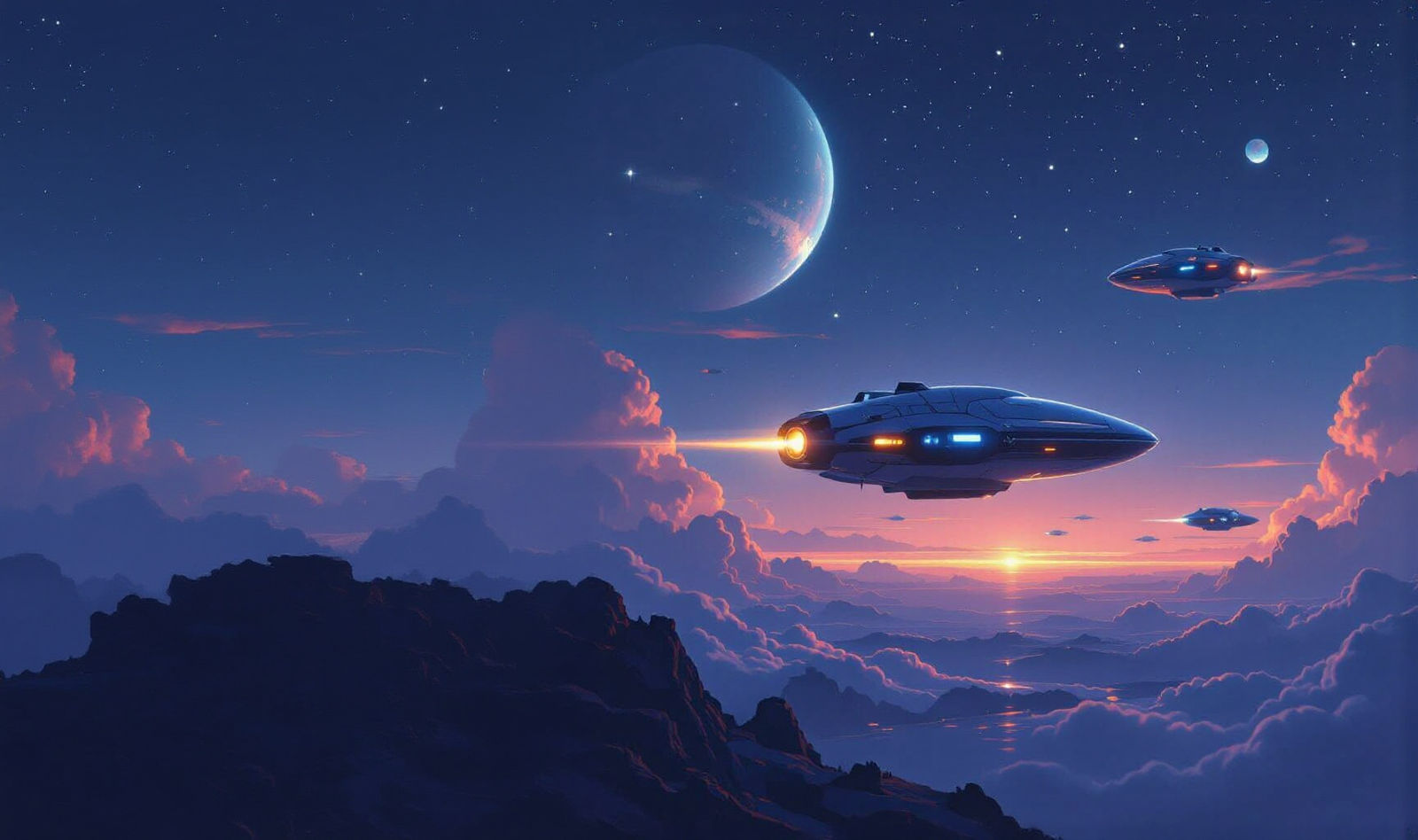 Cinematic Space Nightscapes Floating in the Sky