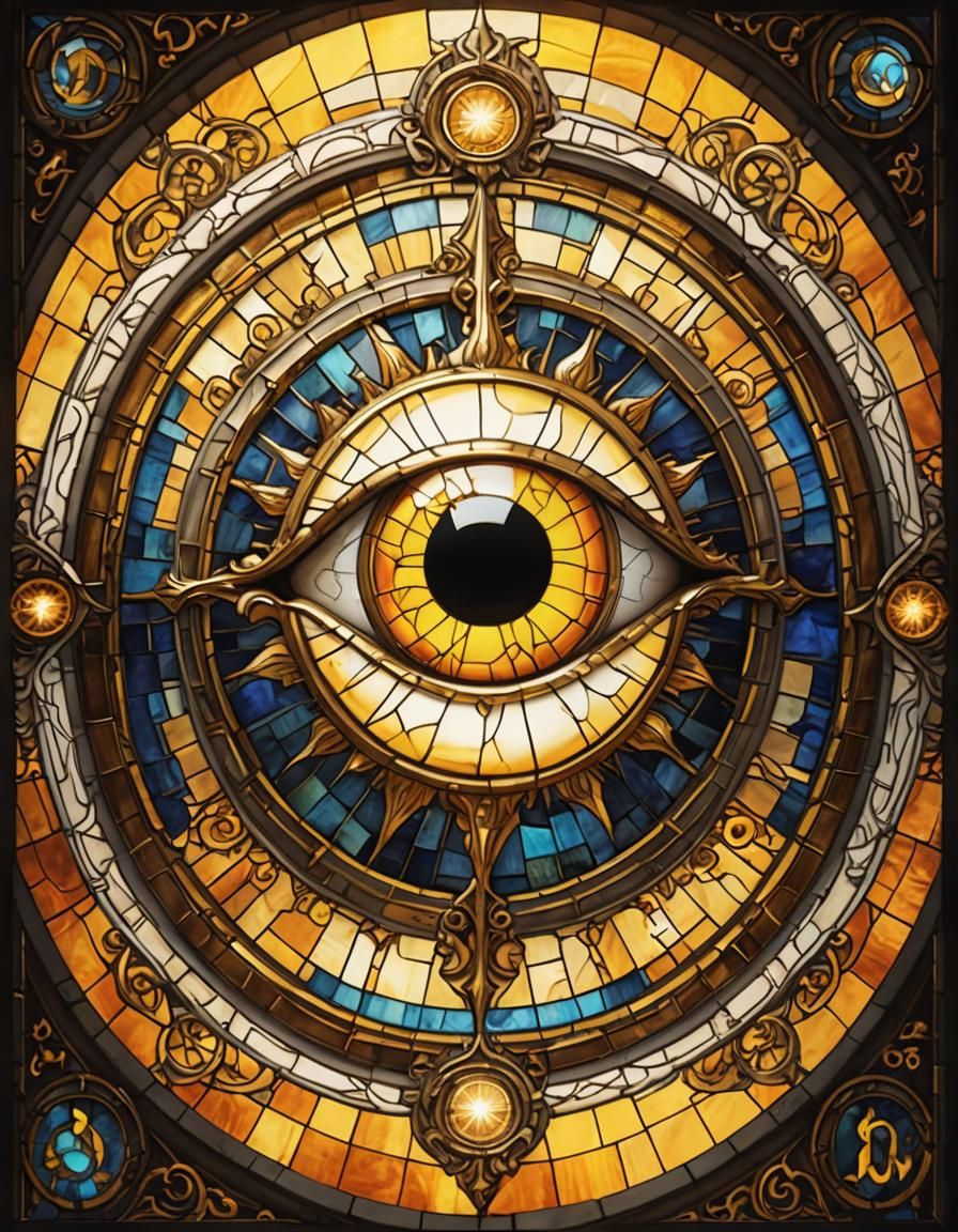 Golden Glowing Eyeball in Stained Glass Art
