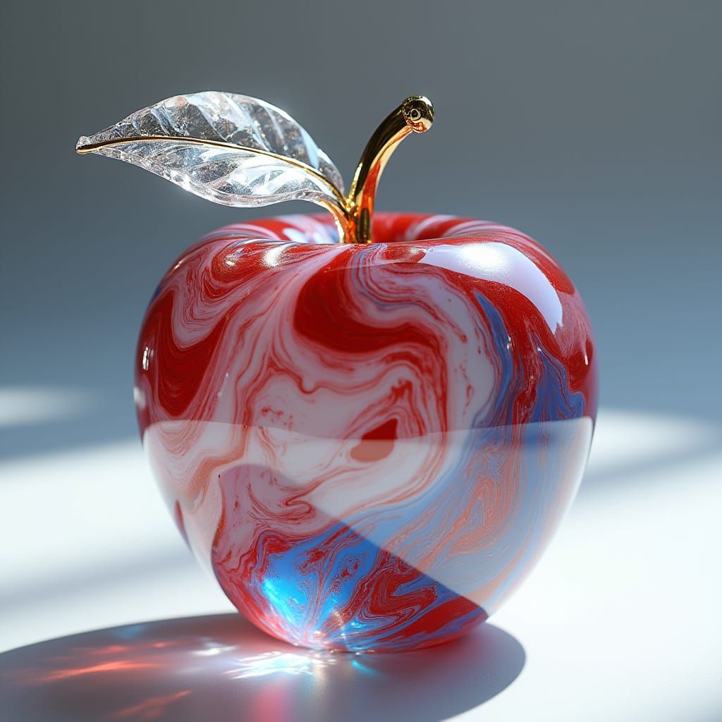 Glass Apple Sculpture in Red, White, Blue