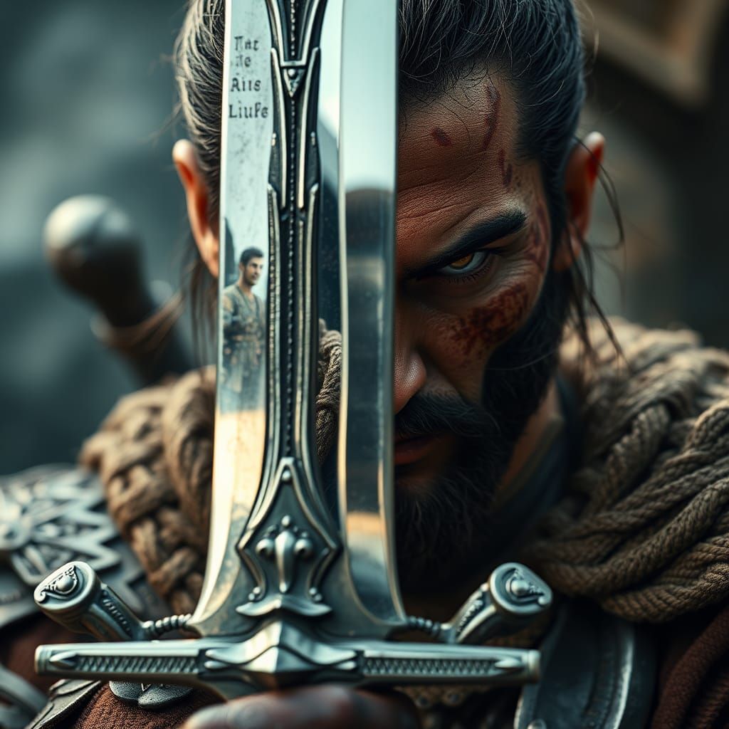 Fierce Warrior Reflects Demon in Sword, Medieval Art