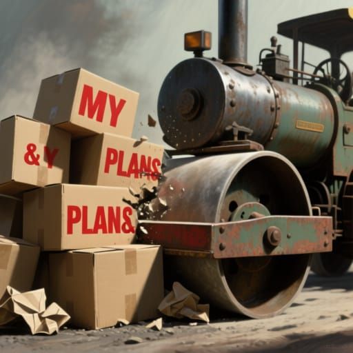 Steamroller Crushes "MY PLANS" Boxes in Dramatic Scene
