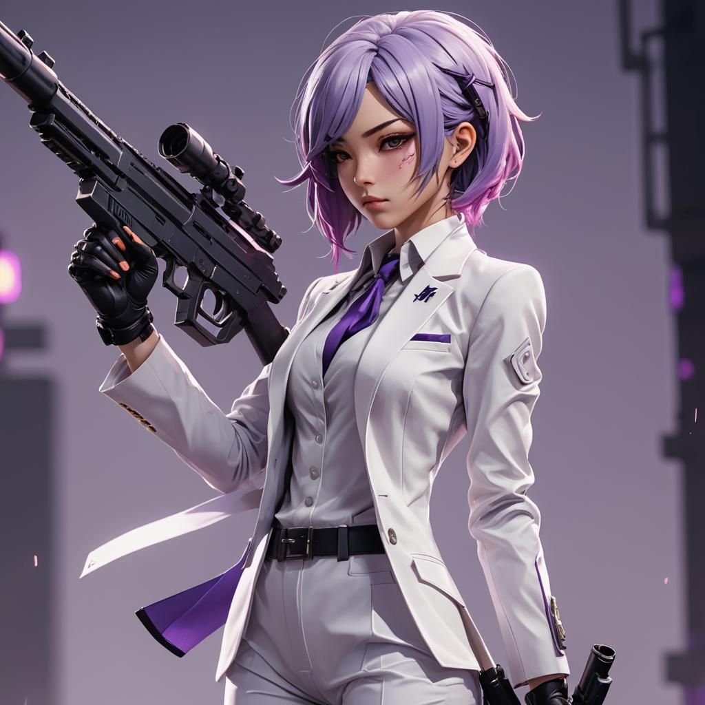 Anime Girl with Gun in White Suit: 3D Art