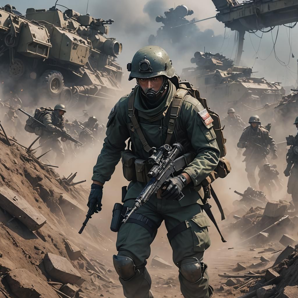 Anime Soldier in Battle Haze, Detailed 3D Art