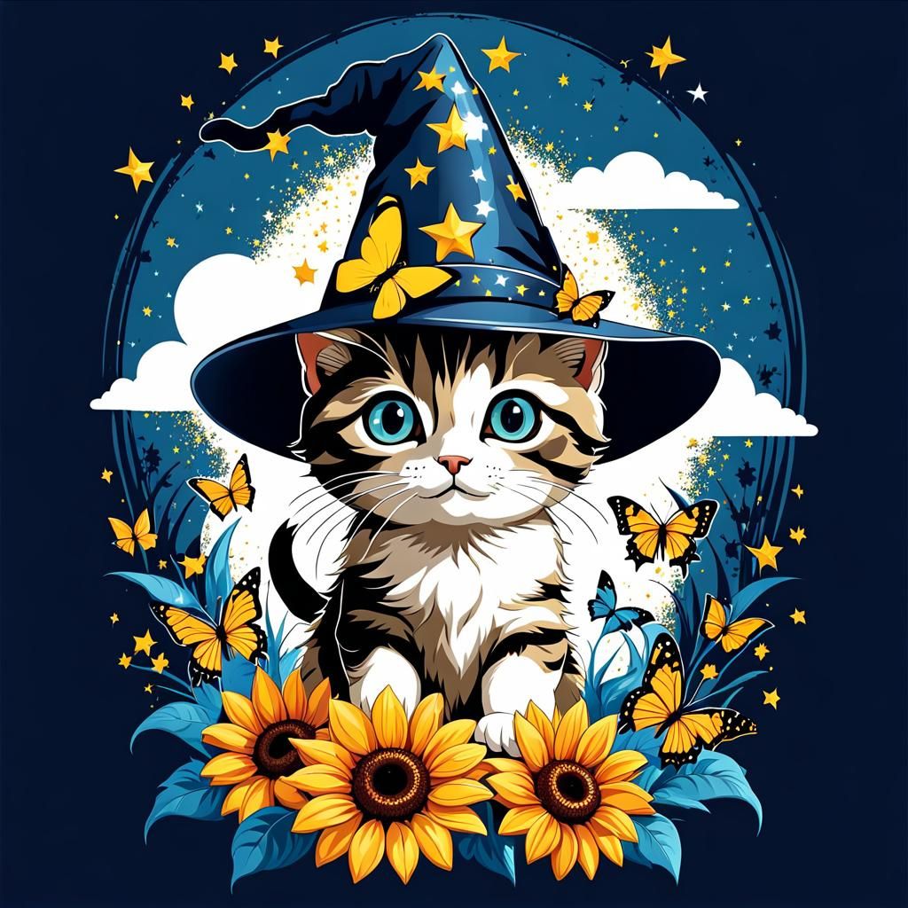 Kitten Wizard in Sunflower Field Graphic