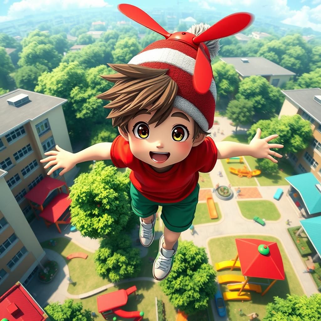 A young boy wearing a red white and green beanie hat with a ...